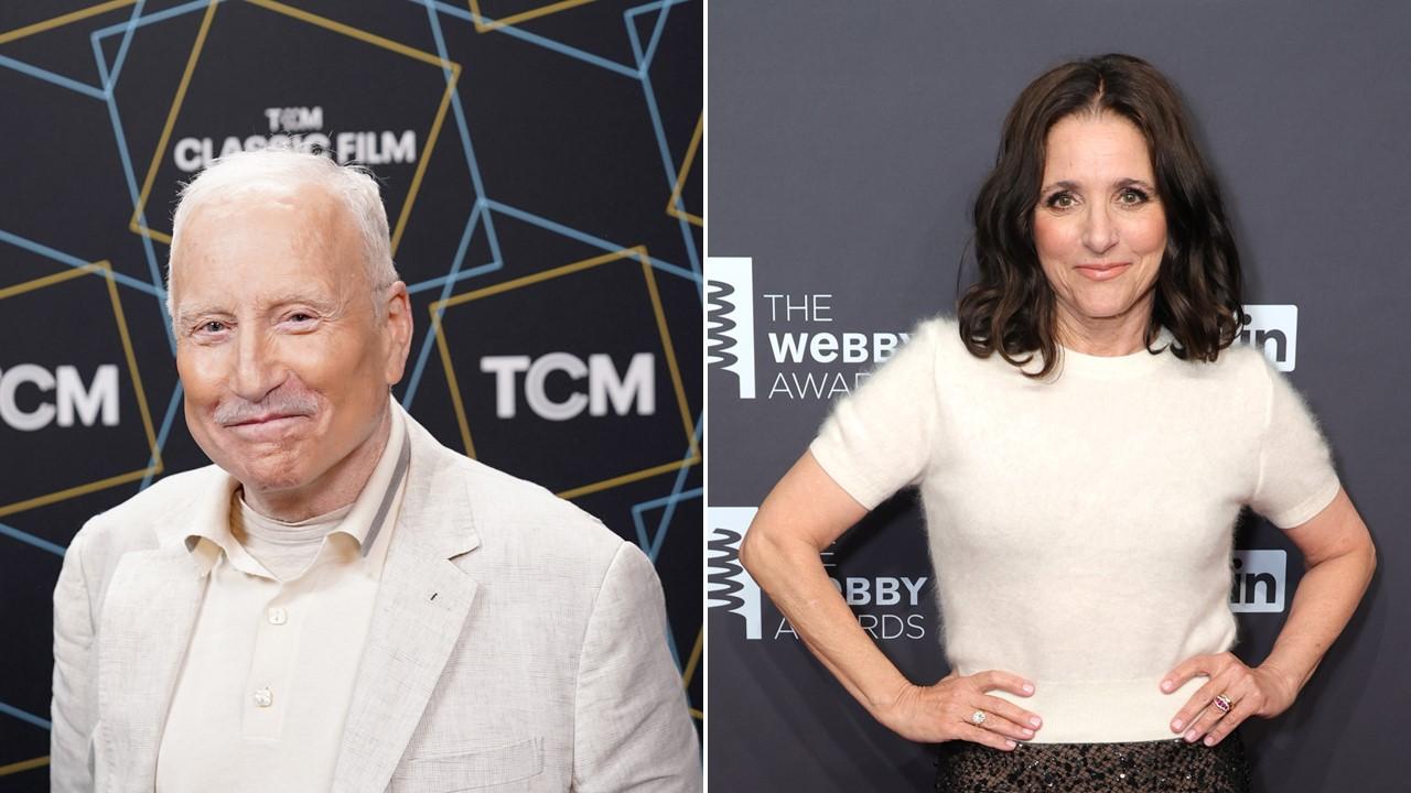 Richard Dreyfuss wearing linen blazer and button down in 2023 and Julia Louis-Dreyfus wearing white top in 2024