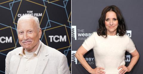 Richard Dreyfuss wearing linen blazer and button down in 2023 and Julia Louis-Dreyfus wearing white top in 2024