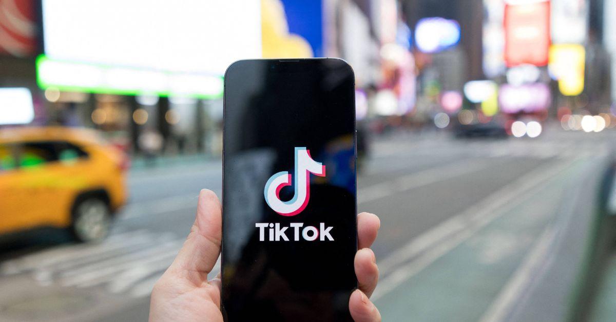 The TikTok logo on a phone screen in New York City. 