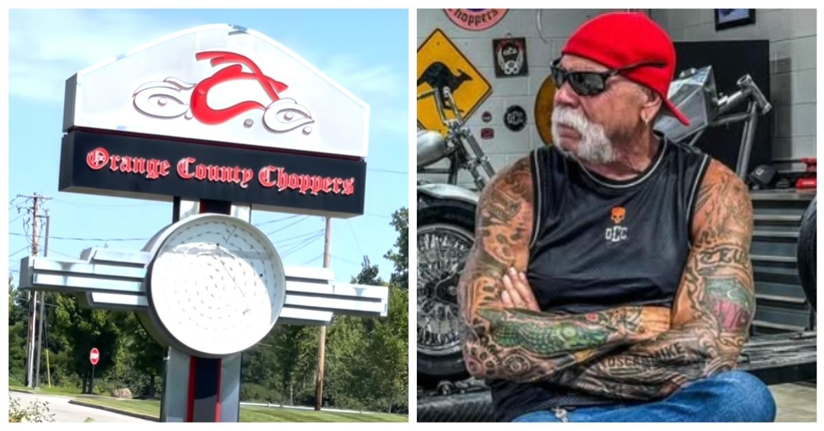 (L-R): Orange County Choppers sign; Paul Teutul Sr.