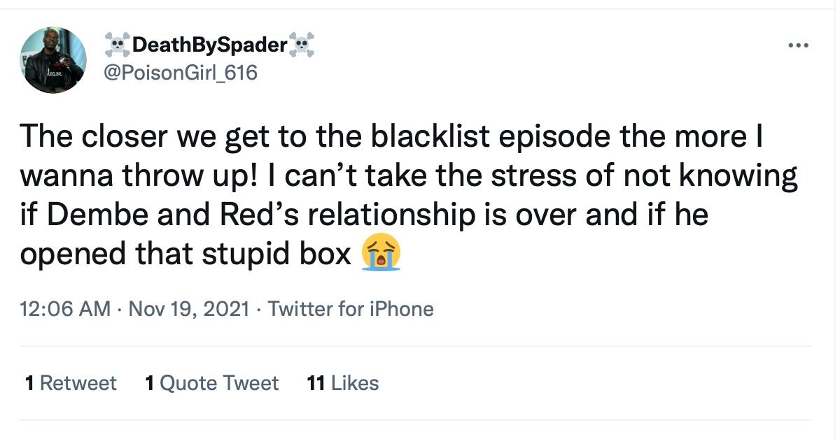 A tweet about the box-induced situation about to unfold on 'The Blacklist'