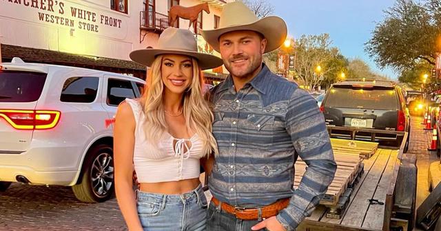 Steven Jr. McBee and his girlfriend, Calah, don cream-colored hats and casual outfits in Fort Worth, Texas.