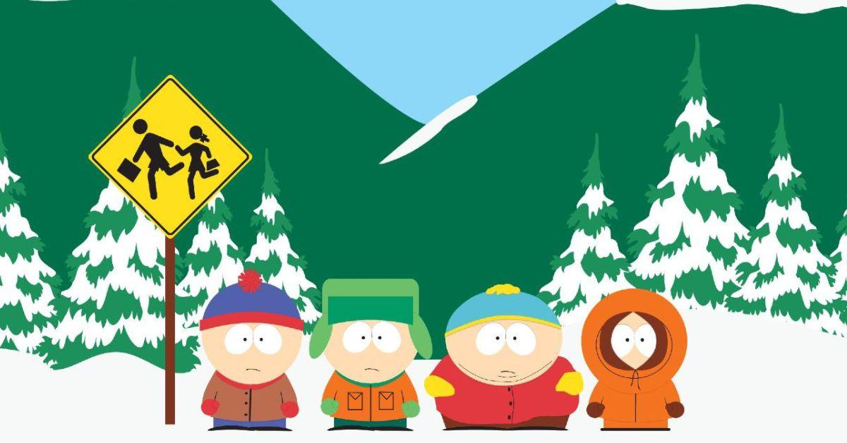 'South Park' characters stand side-by-side in front of snowy hills