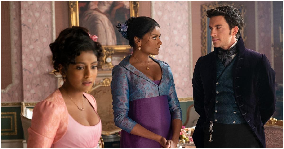 (l-r): Charithra Chandran as Edwina Sharma, Simone Ashley as Kate Sharma, and Jonathan Bailey as Anthony Bridgerton