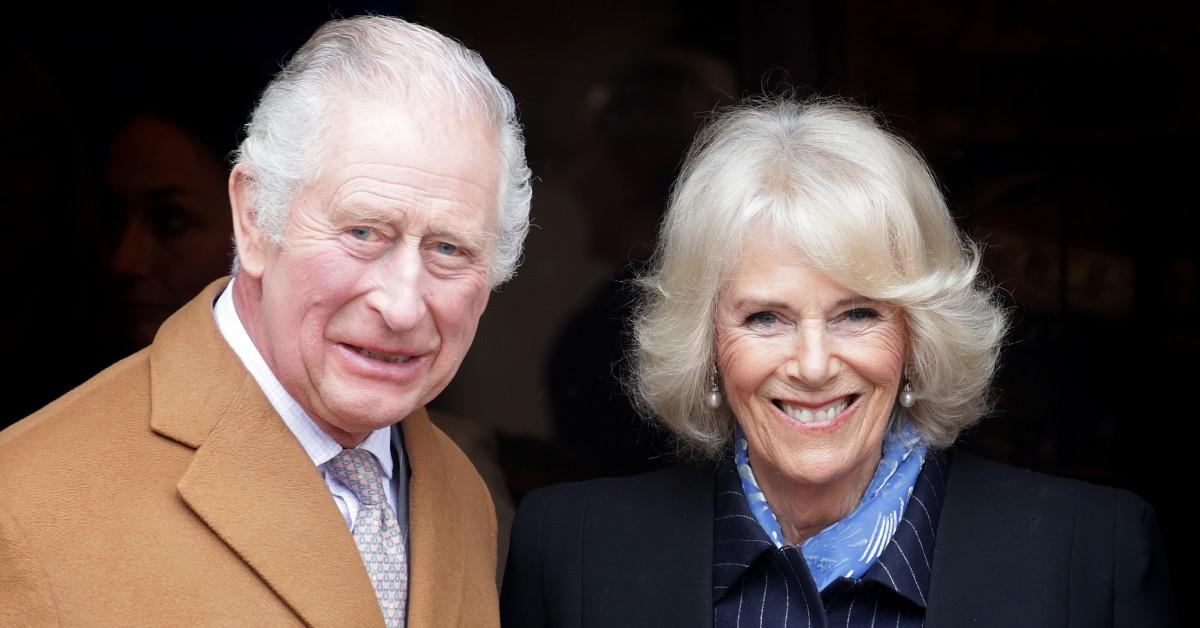 (L-R) King Charles in a tan suit, stands next to his wife, Camilla, in a blue and black suit