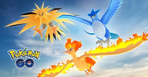 'Pokémon GO' promo art showing Legendary Kanto region Pokémon flying.