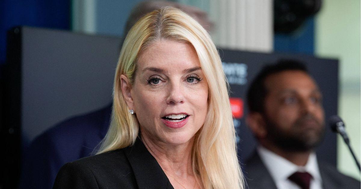 Pam Bondi speaking at a press conference. 