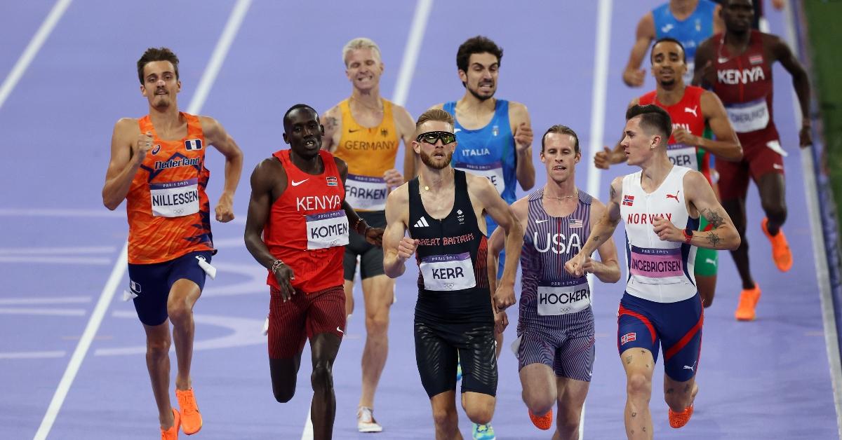  Jakob Ingebrigtsen of Team Norway, Josh Kerr of Team Great Britain and Cole Hocker of Team United States compete during Men's 1500m Semi-Final on day nine of the Olympic Games Paris 2024 at Stade de France on August 04, 2024 in Paris, France. (Photo by Michael Steele/Getty Images)