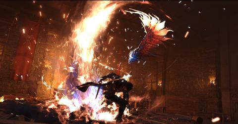 'Final Fantasy XVI' Clive using his Phoenix powers to fight off knights.