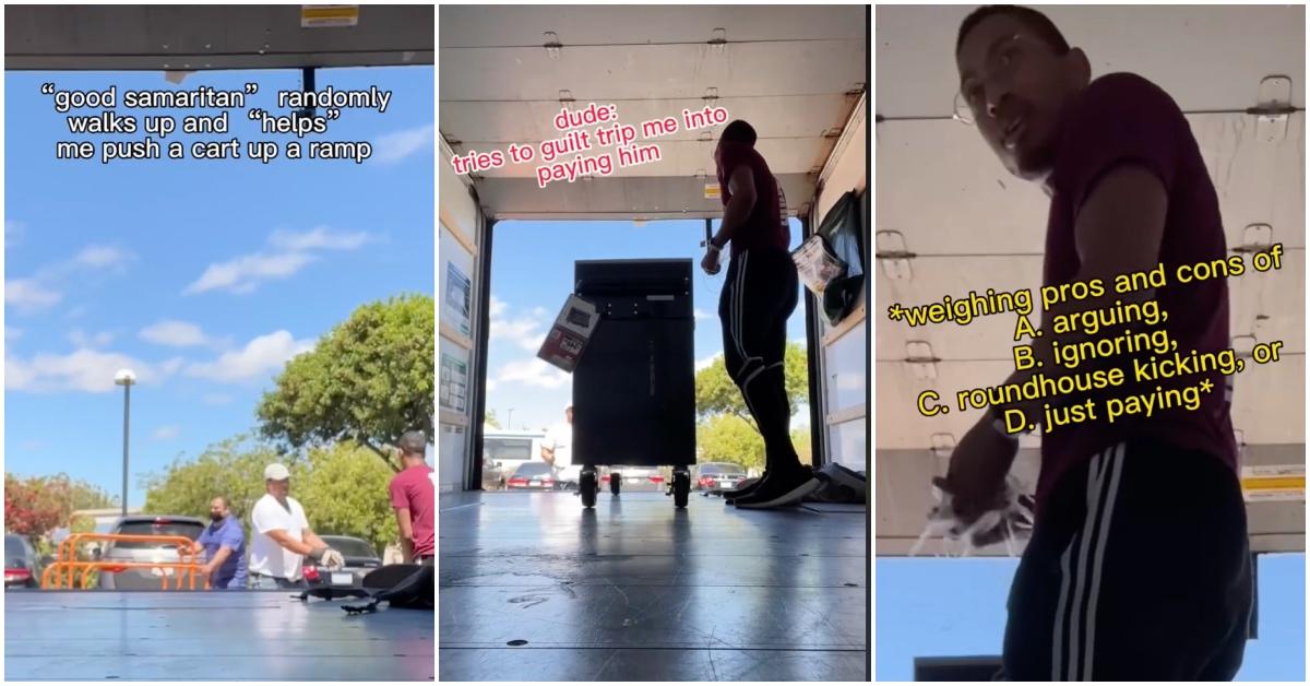 Viral video of guy trying to con Home Depot customer for money after helping him load his truck.