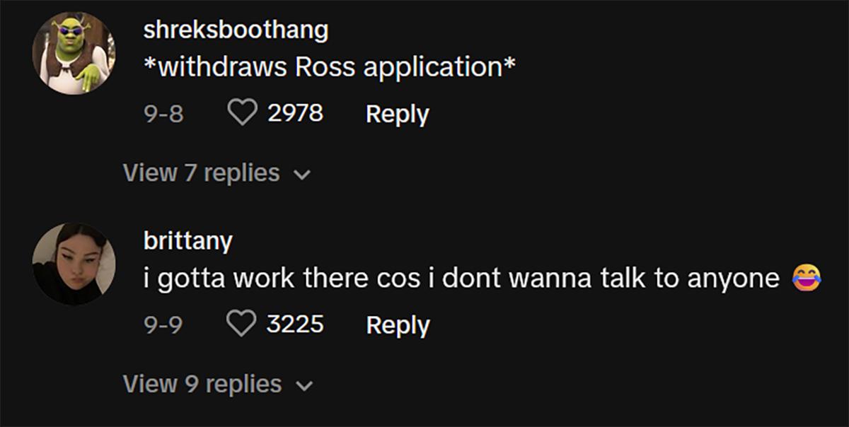 Comments on tiktok about working at ross, not talking to customers