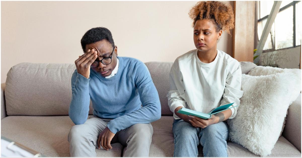 Toxic couple arguing on the couch about begging