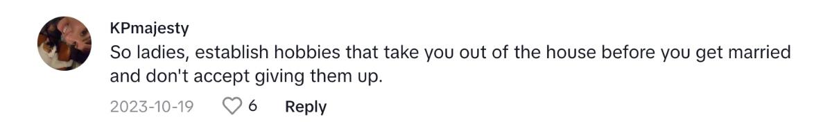 Comment on viral video about mom pointing out discrepancies between men and women hobbies.