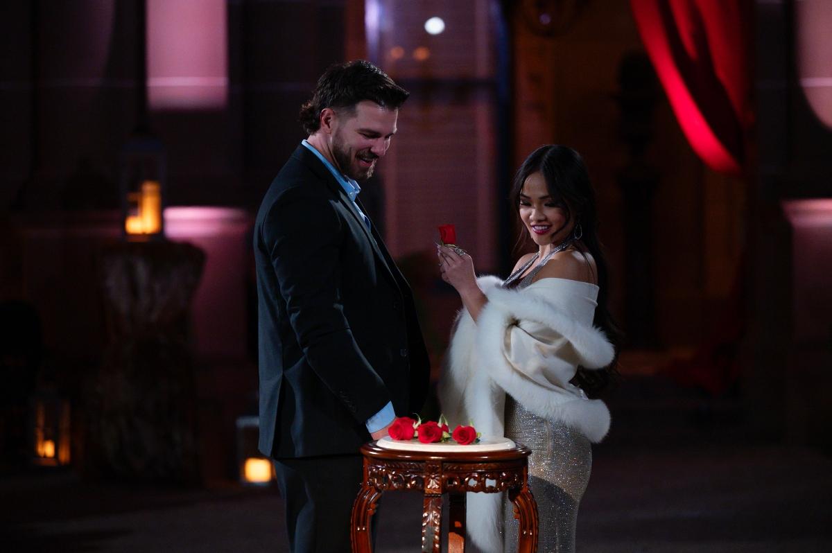 Austin and Jenn during a rose ceremony on The Bachelorette