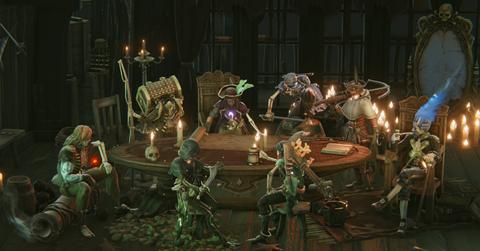 'Shadow Gambit: The Cursed Crew' Close-up of playable characters sitting around a table.