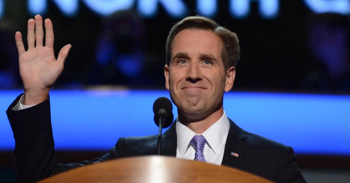 Beau Biden waves at the Time Warner Cable Arena