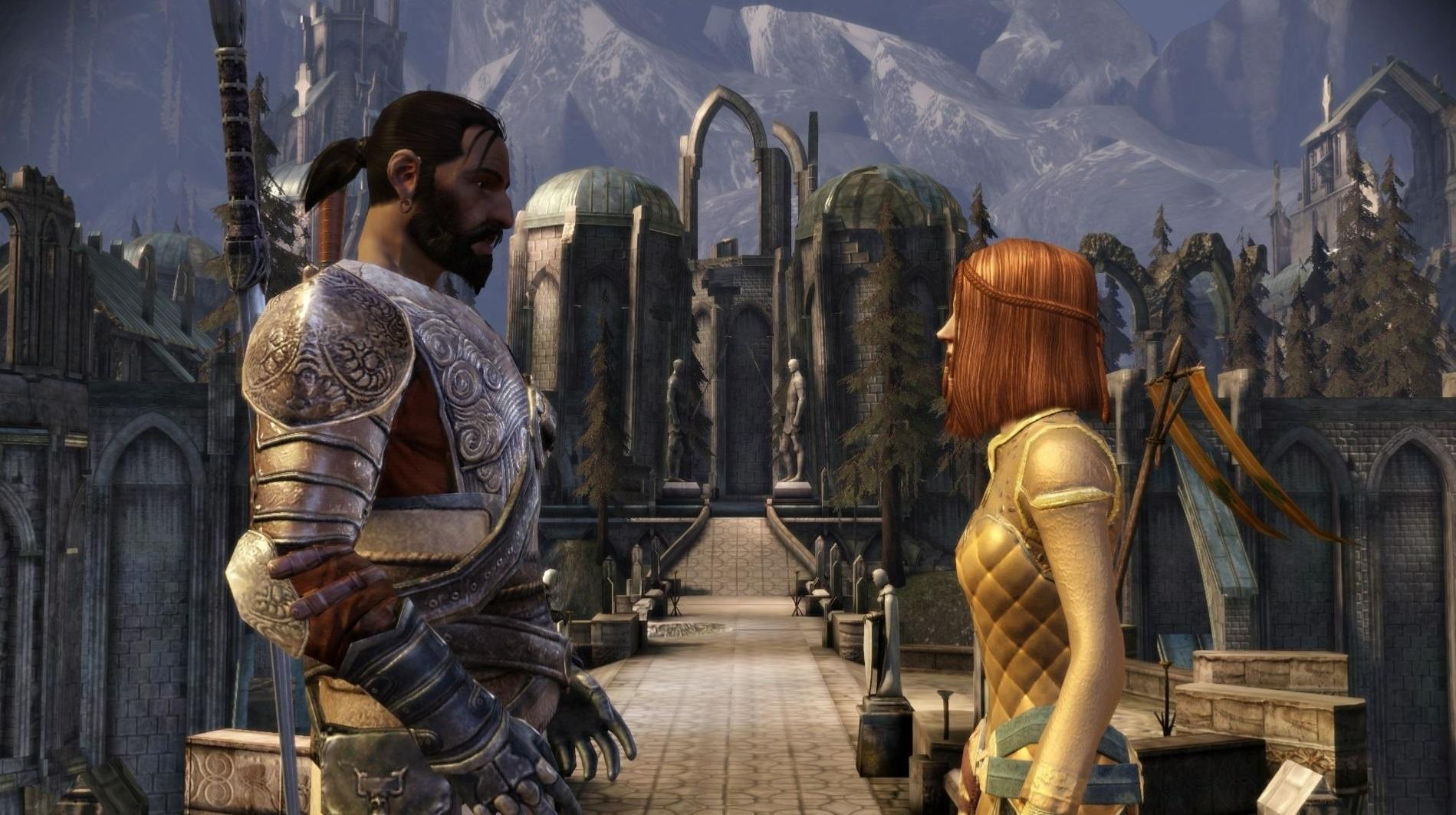Two Dragon Age: Origins characters talking with each other.