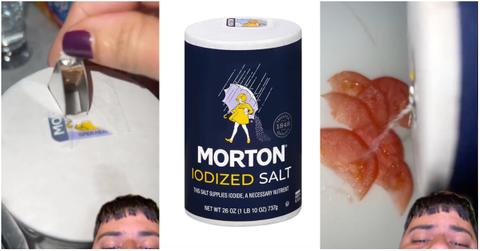 TikToker's reaction video shows how to pour Morton salt.