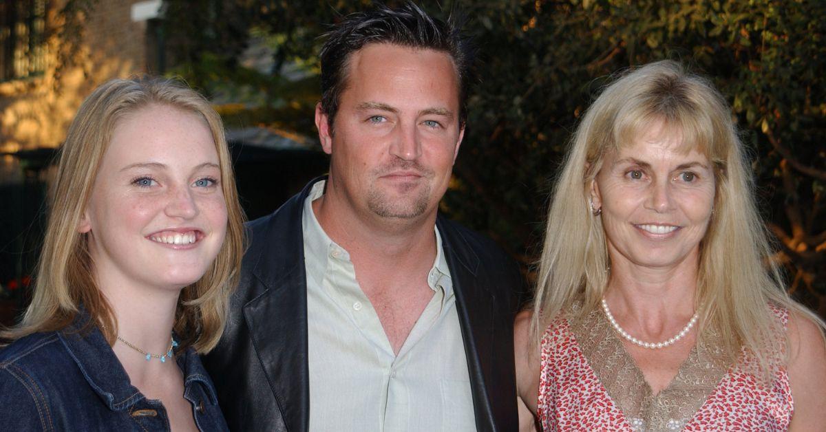 (l-r): Emily Morrison, Matthew Perry, and their mother, Suzanne Morrison smiling at the camera.