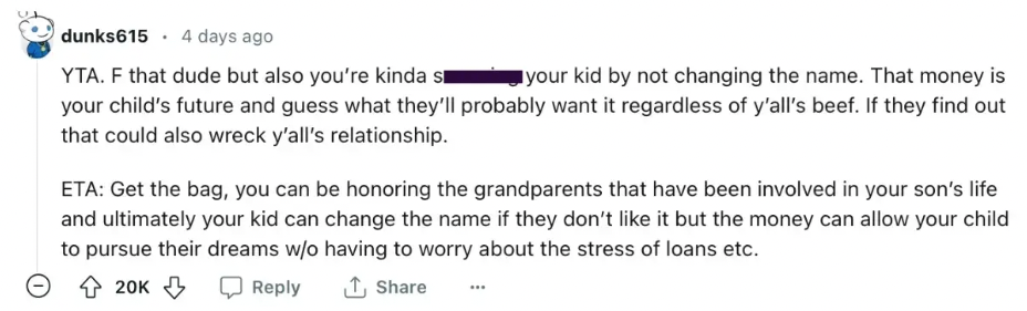 A comment on woman's Reddit thread after she said she doesn't want to change her son's name for an inheritance.