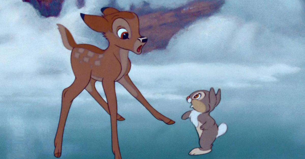 An illustration of Bambi and Thumper against a winter backdrop