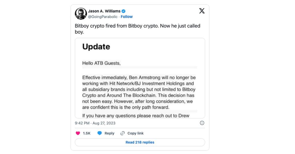 What Happened To BitBoy Crypto Ben Armstrong Was Fired   Bitboy Crypto Fired Email Tweet Jason Williams 1693327110450 