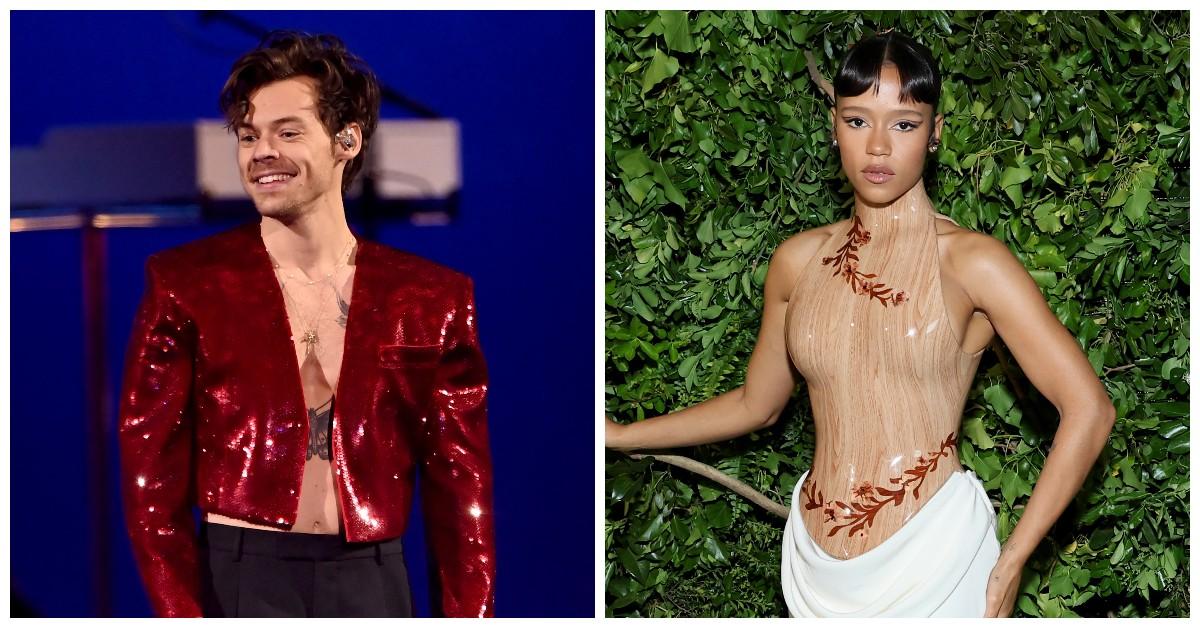 Harry Styles and Taylor Russell at different events