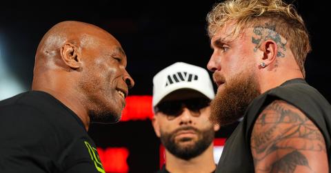 Mike Tyson and Jake Paul facing off ahead of their boxing match.