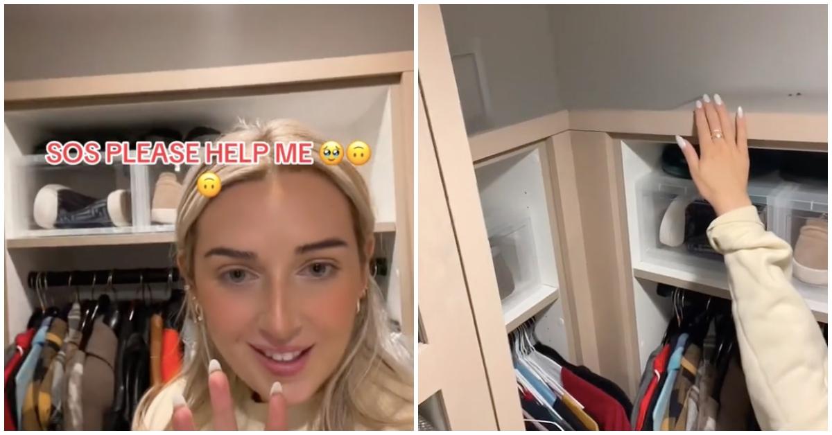 Woman shows closet shelves where boss's boyfriend's shoes fell. 