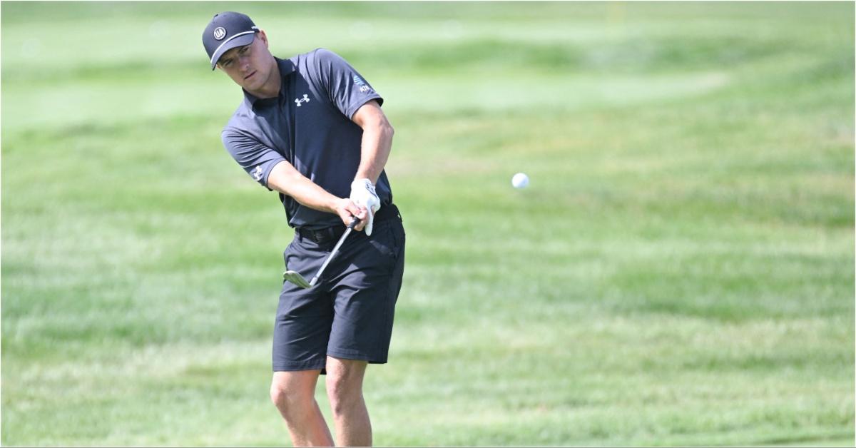 Jordan Spieth tees off at the PGA Memorial Tournament Practice.