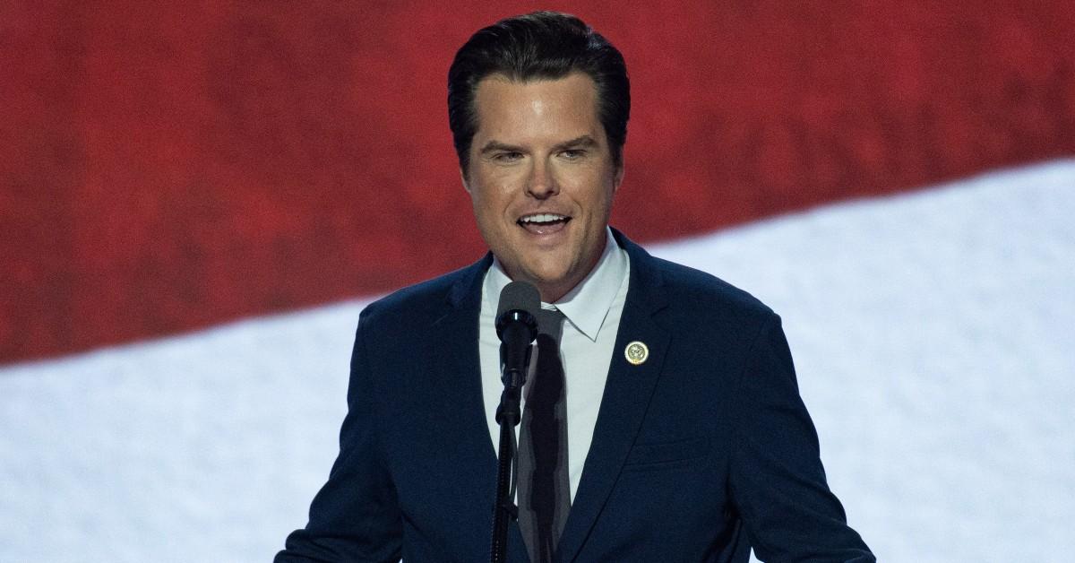 Florida Congressman Matt Gaetz talking into a microphone