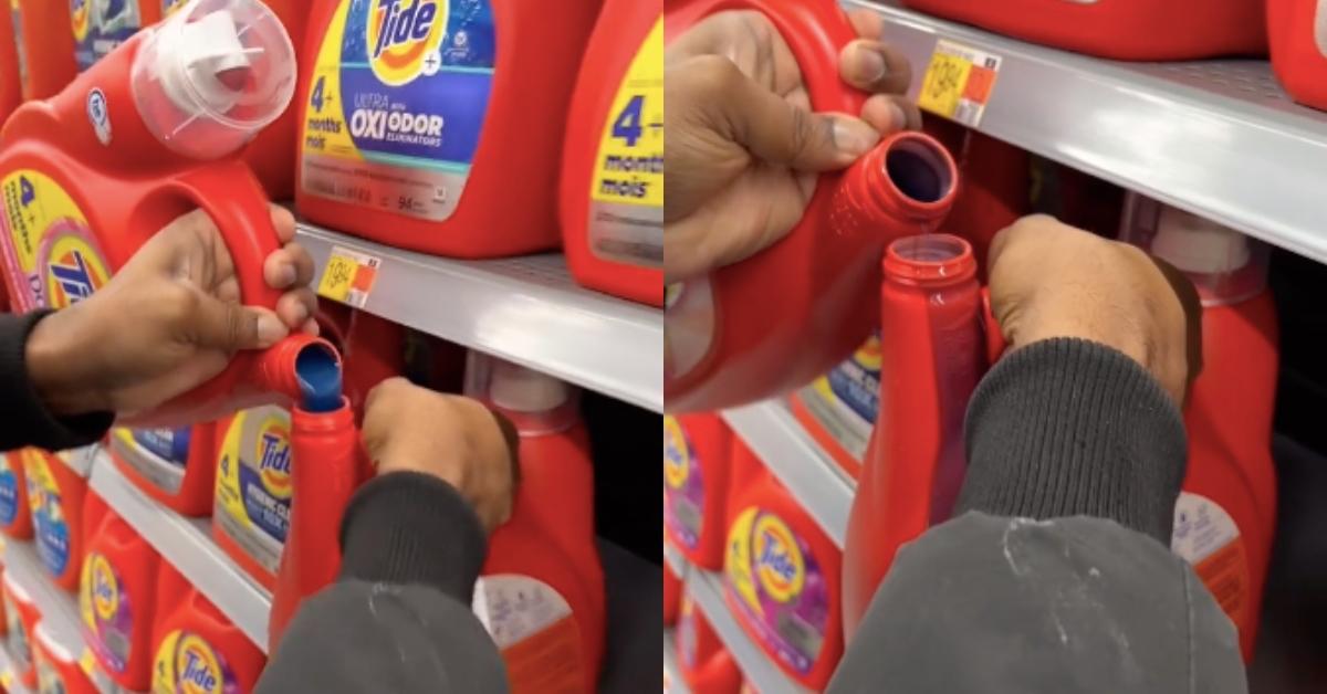 man pours Tide from one bottle into another