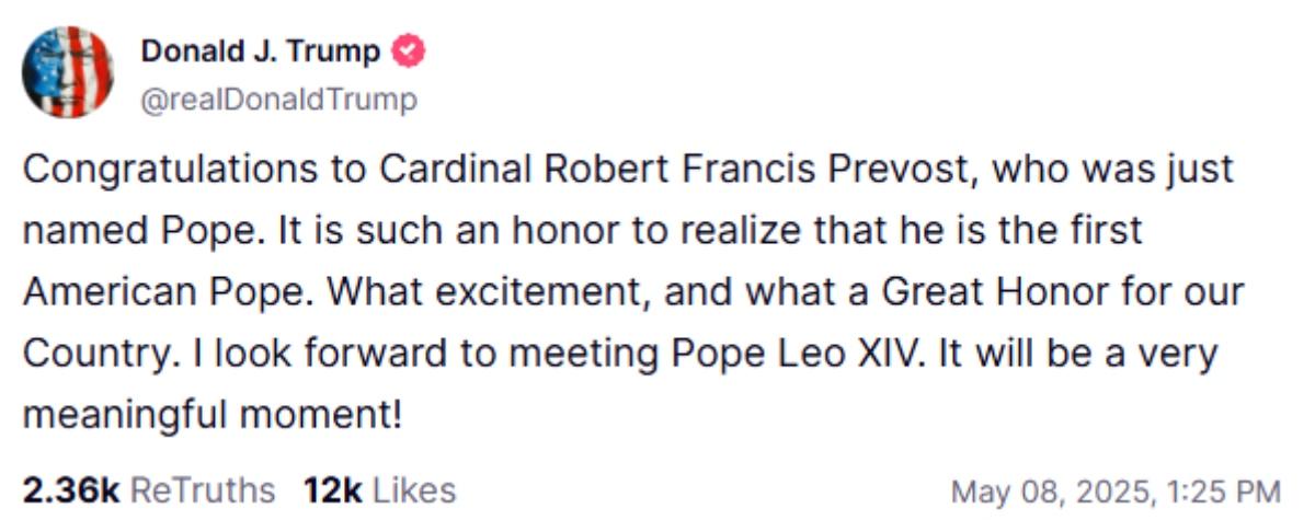 President Donald Trump reacts on Truth Social to the choice of an American-born Pope