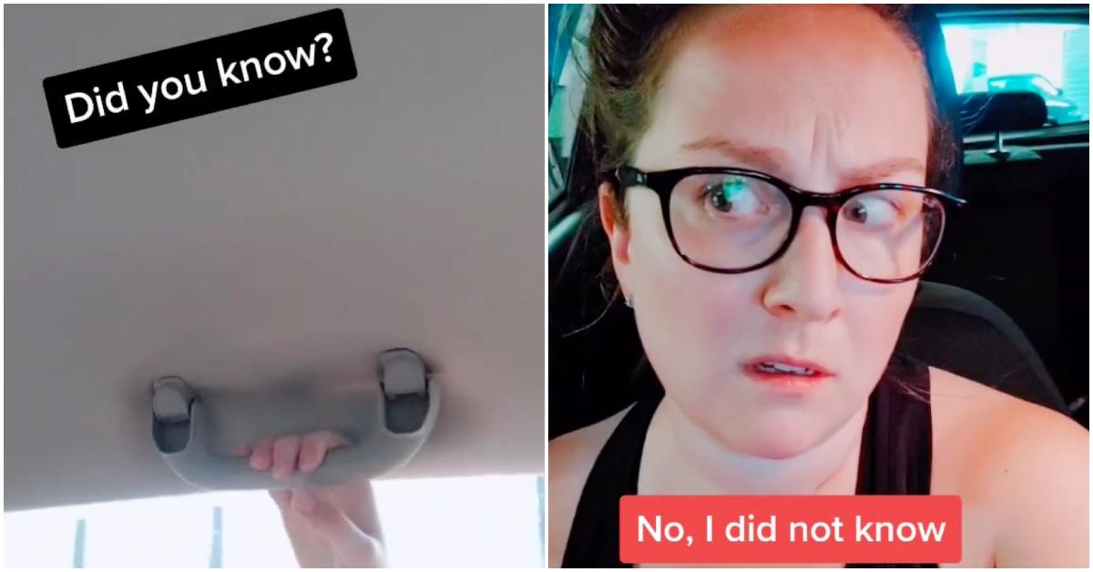 Viral video of woman discovering the car ceiling handle hack.