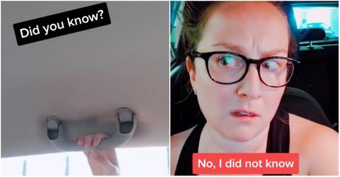 Viral video of woman discovering the car ceiling handle hack.