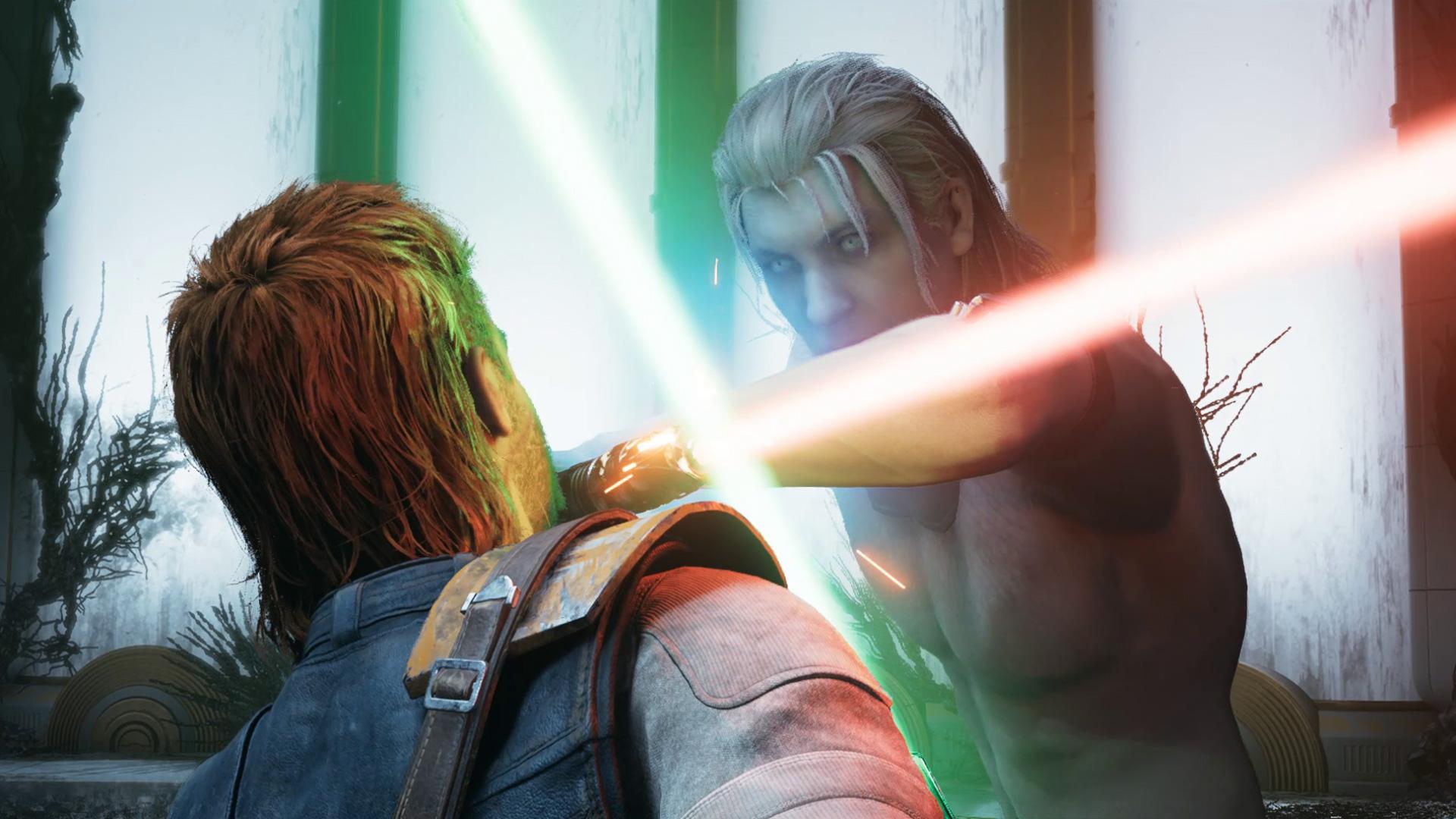 'Jedi: Survivor' Cal Kestis in a lightsaber struggle with Dagan Gera.