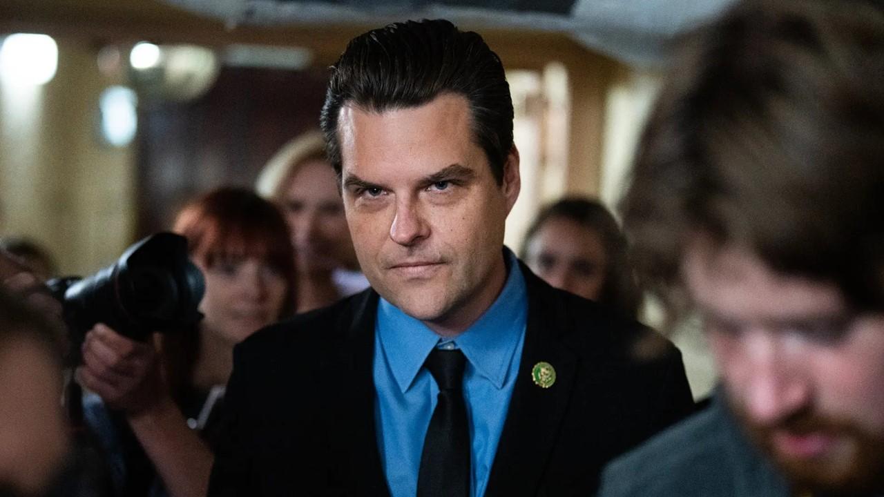 Rep. Matt Gaetz, R-Fla., leaves a meeting of the House Republican Conference in the U.S. Capitol on Sept. 19, 2023.