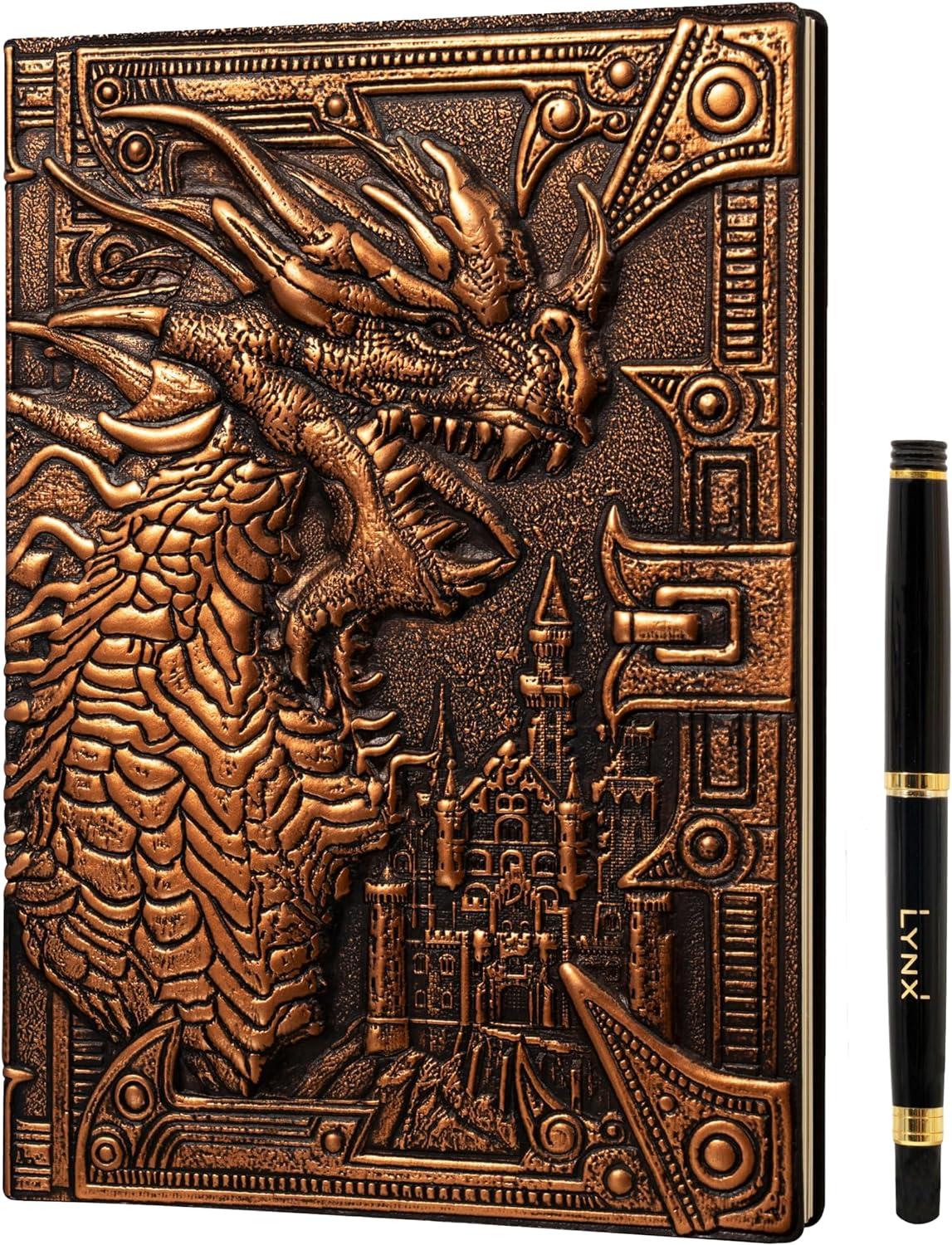 A faux leather notebook with a dramatic dragon embossed on the front