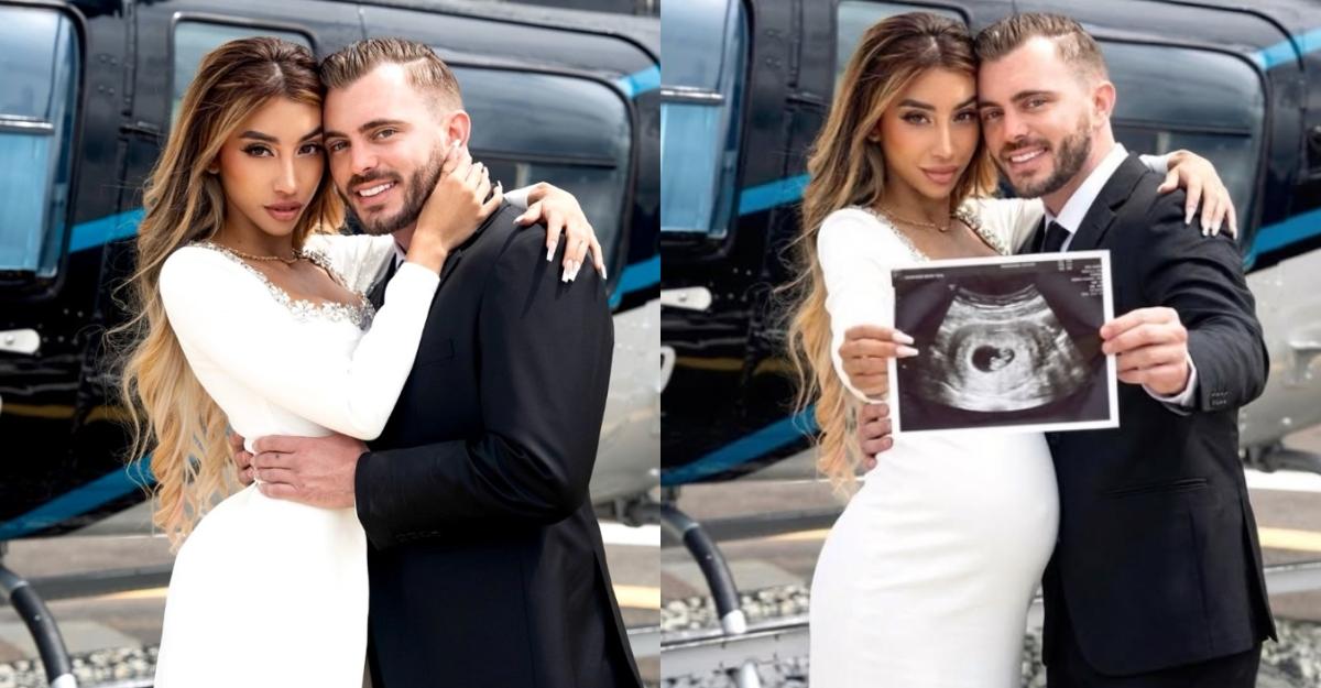 Left - real photo of Luke and Madelein Right - AI photo showing baby bump and sonogram