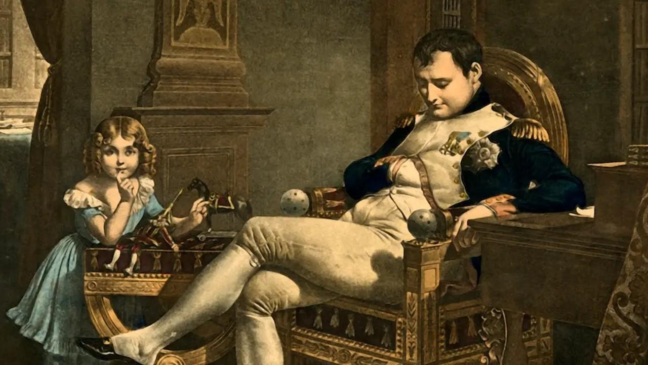 Napoleon Bonaparte sitting in a chair and hiding his hand