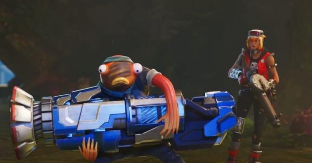 A 'Fortnite' character holding the Cybertron Cannon with another character behind him.