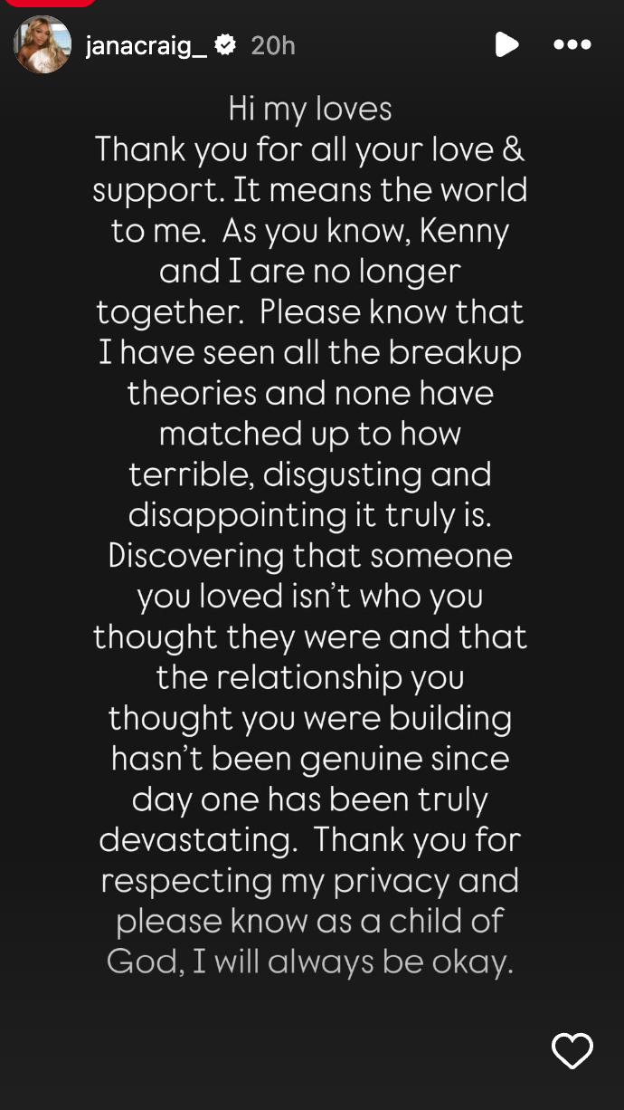 JaNa Craig's IG story confirming her and Kenny's breakup