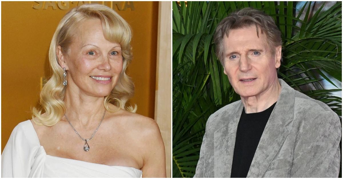 Pamela Anderson and Liam Neeson at separate events.