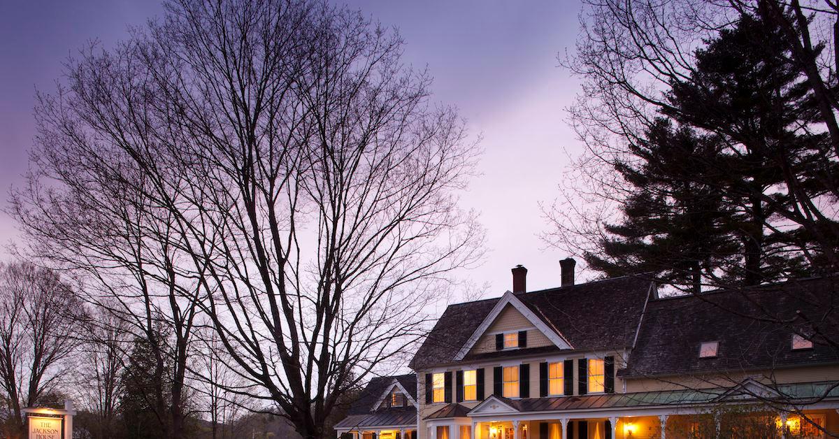 Twilight exterior of a Vermont B&B, Jackson House, Woodstock, Vermont