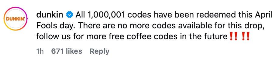 Dunkin' comment about free coffee on April 1.