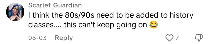 TikTok comment about 80s and 90s trivia in class