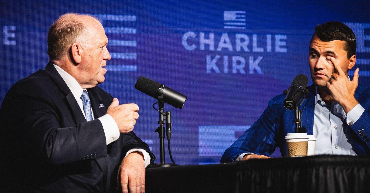Charlie Kirk in conversation with Tom Homan at the 2025 Turning Point USA conference. 