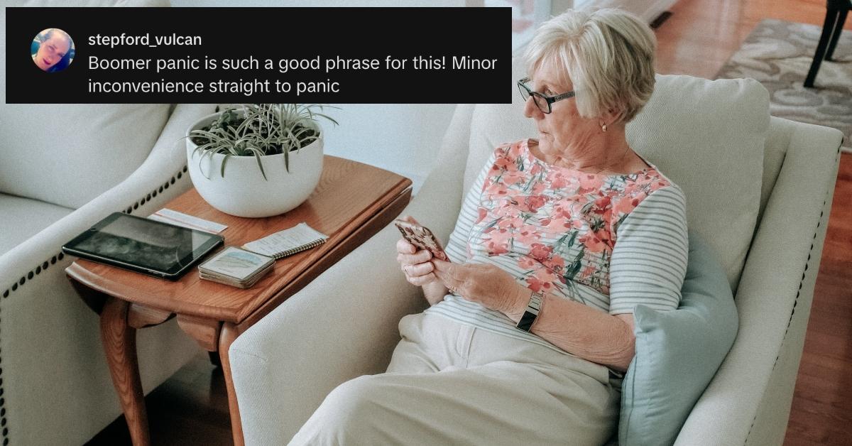 Screenshot from TikTok about Boomer Panic over phot of an older woman holds a cell phone while seated