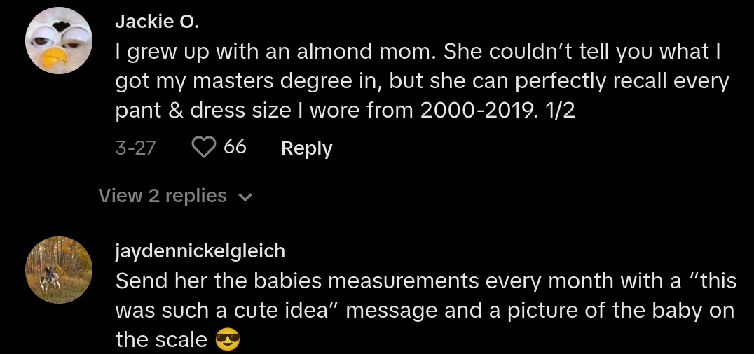 almond mom tiktok comments - woman gets scale gift from almond mom 4 months postpartum