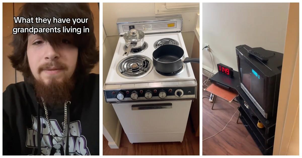 A man shows the inside of a "high-end" nursing home room